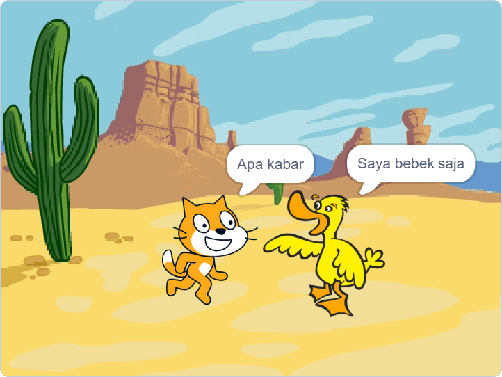 Hasil kelas coding anak di mana kucing menyapa bebek, "apa kabar", dan bebek menyahut "saya bebek saja."